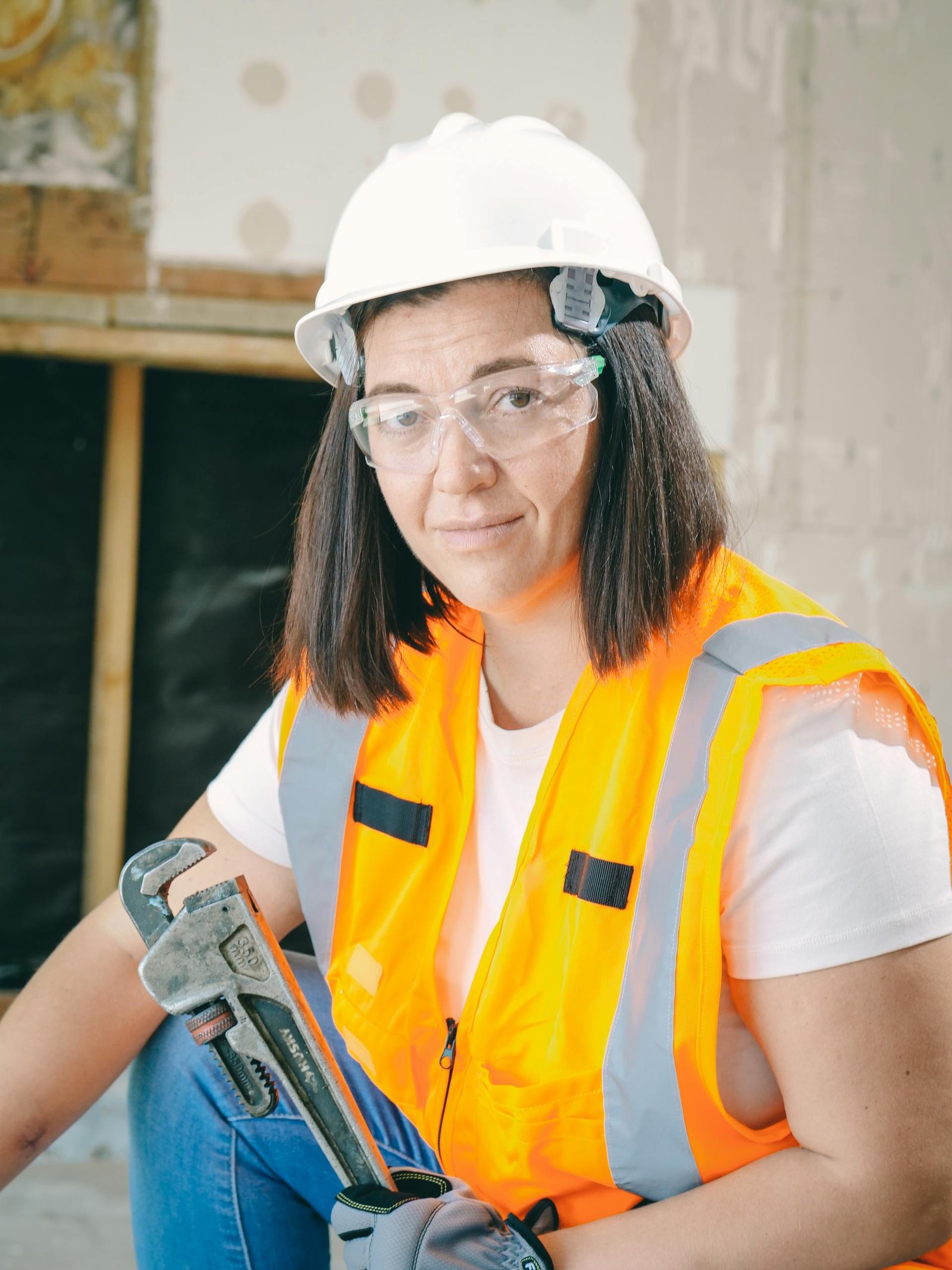 Female construction worker wearing PPE, holding a wrench in an indoor setting.