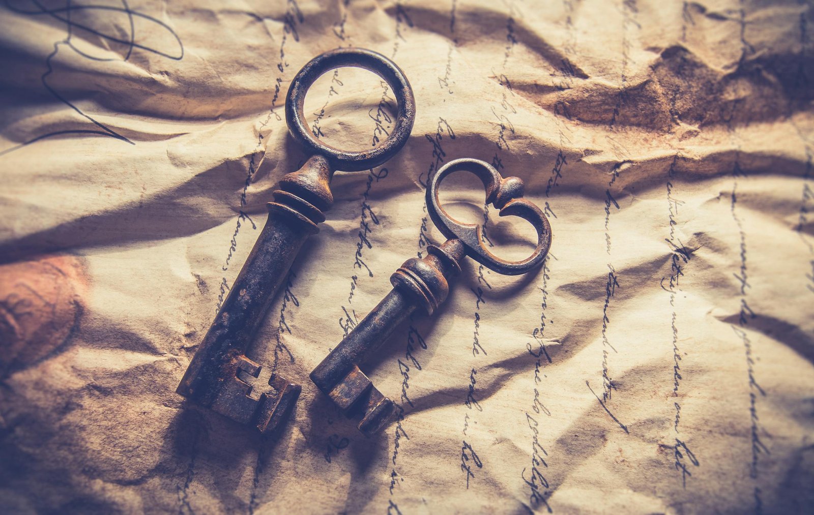 Vintage iron keys resting on crumpled, handwritten paper with a rustic texture.